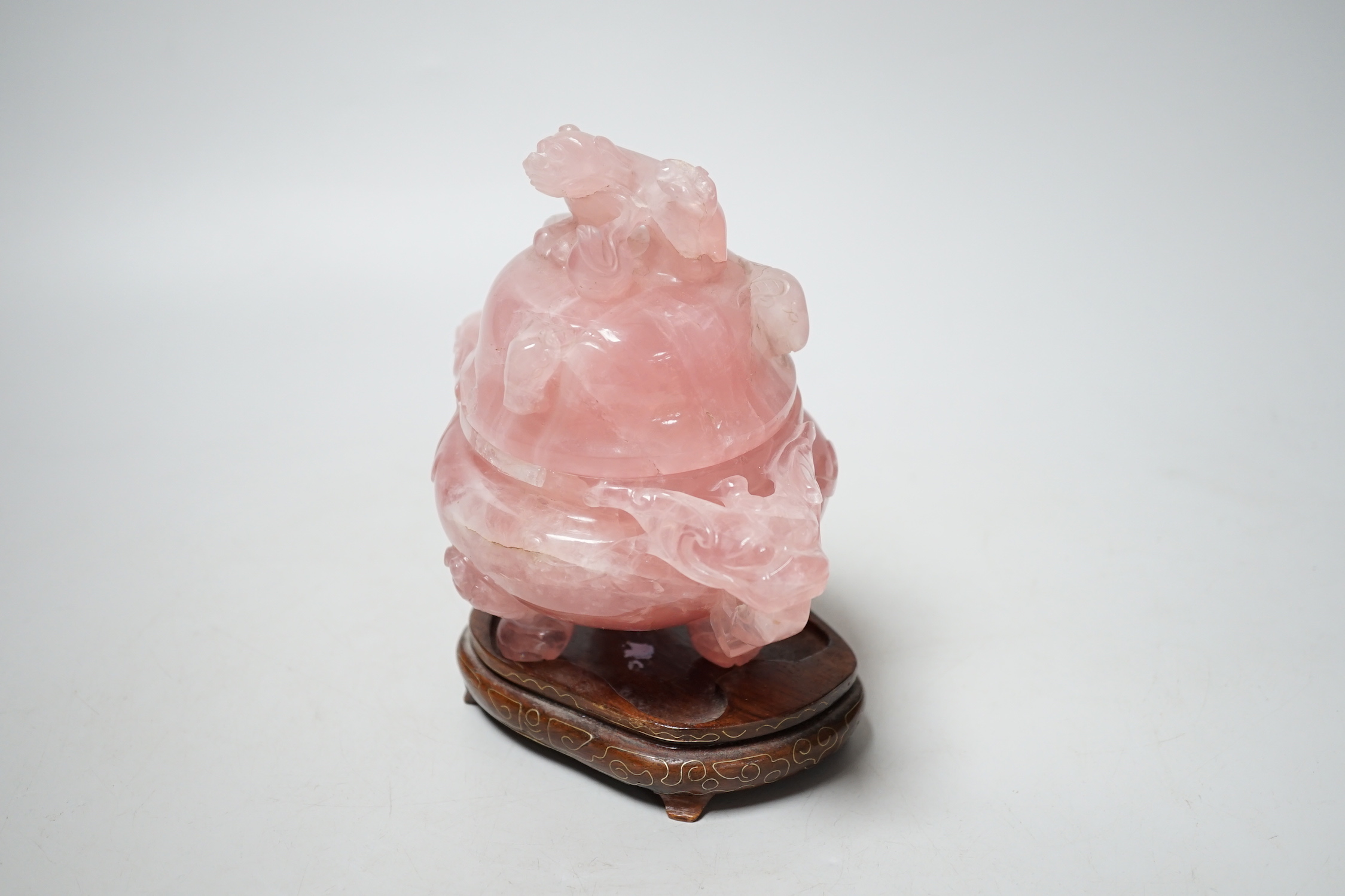 A Chinese rose quartz censer and cover, 13cm high, wood stand